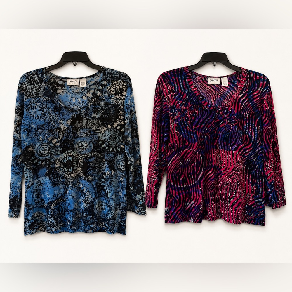 Chico's Travelers Bundle 2 Tops Size 1 Blue Abstract
& Pink Purple Animal Print
